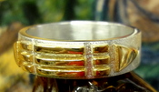 zuiver zilveren gematteerde  ring met zuiver gouden atlantis-symboliek