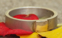 Eenvoudige gematteerde zilveren Lemuri ring met gouden vierkant motief.