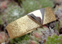 24 kt ring grof gematteerde ring met platina lemurië driehoek. Het contrast tussen mat en de hoogglans van het platina, geeft een prachtig effect.